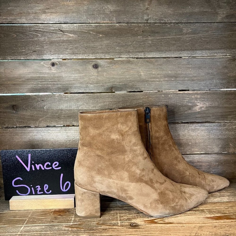 Womens Vince Hilda Brown Suede Ankle Block Heeled Boots Booties Size 6 M GUC